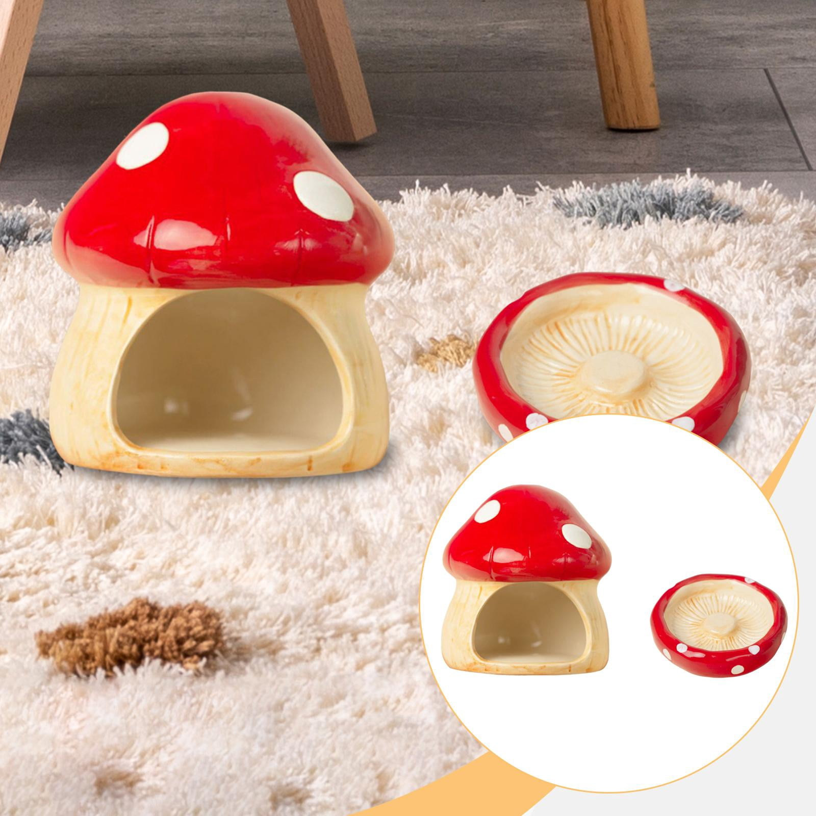 EHJRE Ceramic Hamster House Small Animal Hideout Cave Indoor with Food Feeding Bowl Mushroom Shaped for Hedgehog Small Animals Rats Red