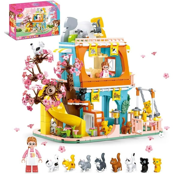 TRAHOO-Cat House Building Set, Animal Playground Crossing Toy with 8 Cats and a Doll Minifigures Compatible with Lego Friends Pet Sets - Thanksgiving Christmas Birthday Gift Idea for Girls Boys Aged