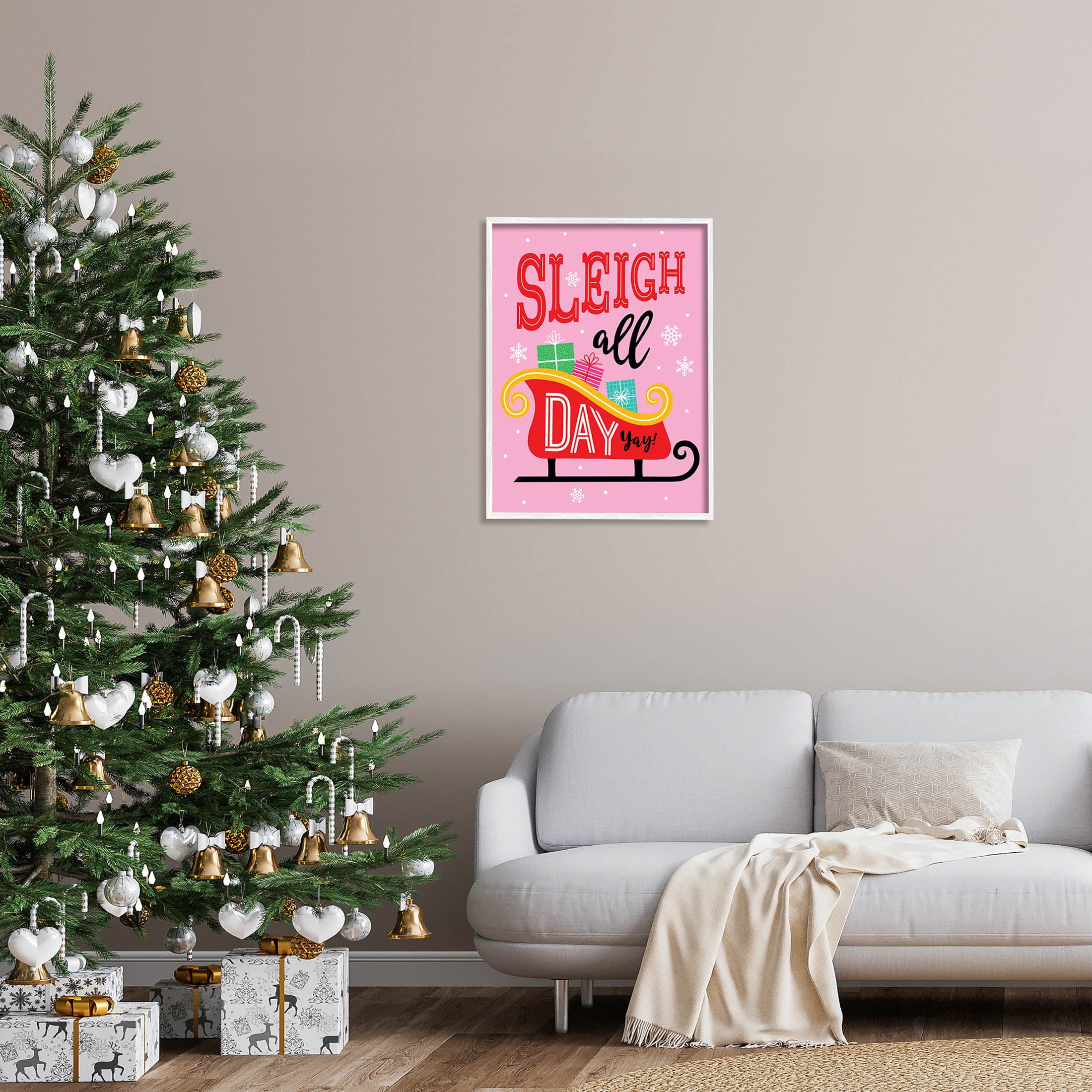 Sleigh All Day Bold Gift Sled Holiday Graphic Art White Framed Art Print Wall Art