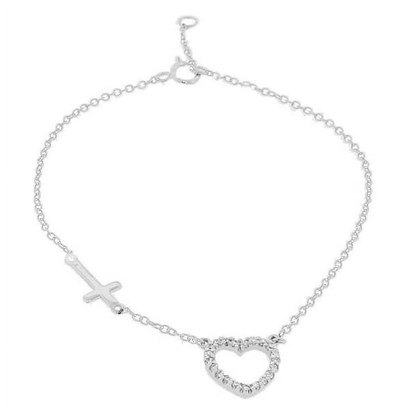 925 Sterling Silver Love Heart Cross Charm White Link Chain Bracelet