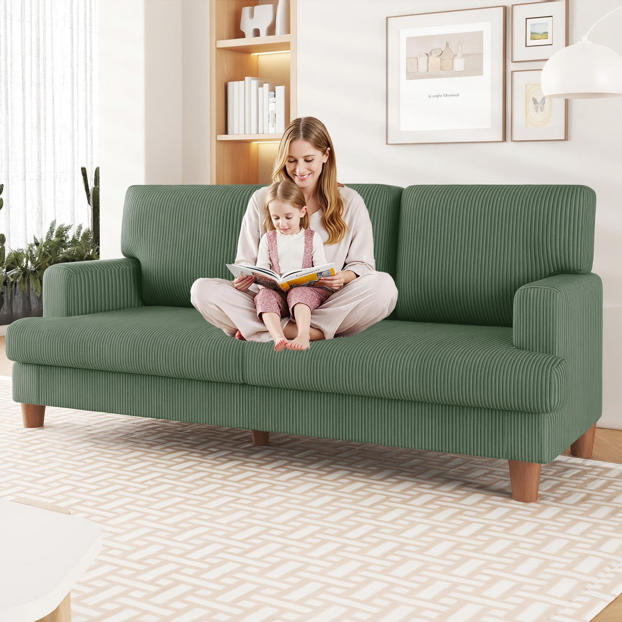 AAQZ 87" Corduroy Sofa Couch for Living Room, 3 Seater Deep Seat Comfy Couch in a Box, 2 Cushions, 2 Pillows Tool-Free Setup,Green