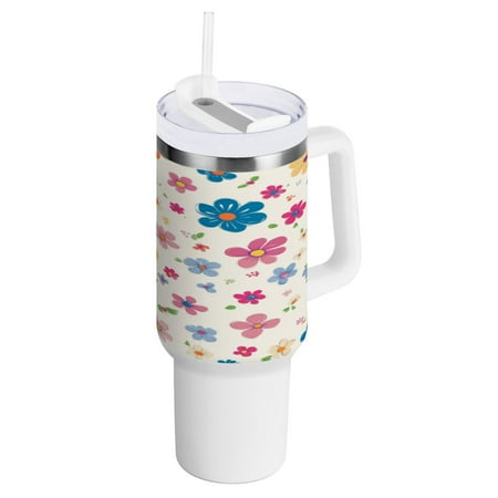 

40 Oz Car Handle Water Bottle 10.8x3.85 Inch Handle And Straw Travel Water Bottle Reusable Stainless Steel Water Bottle Lots Of Pretty Flowers