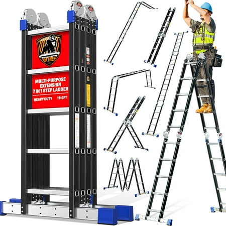 7 in 1 Step Folding Ladder 19.6ft Multi-Purpose Extension Ladders, Folding Adjustable Aluminium Telescoping Step Ladder 330lbs