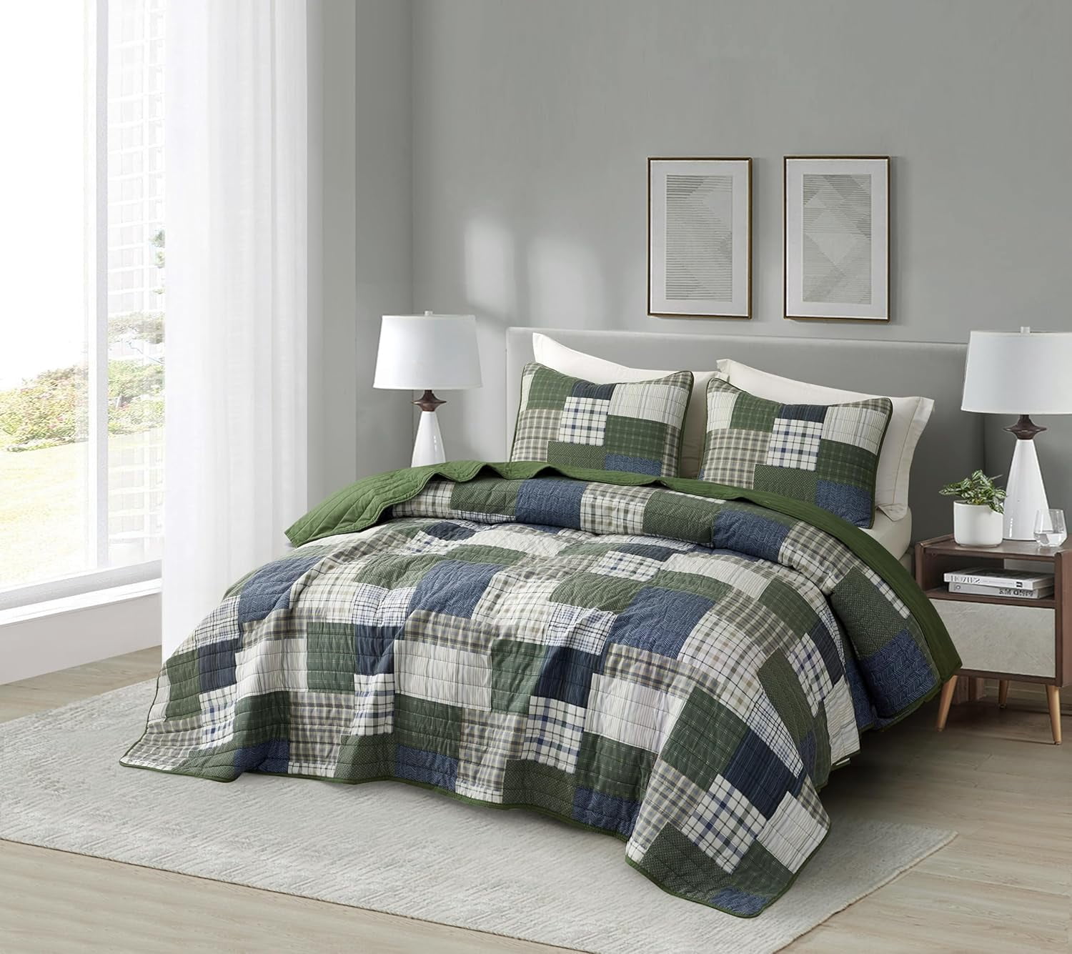 Chezmoi Collection Cedar 3-Piece Printed Patchwork Quilt Set, Green Navy Plaid Coverlet, Pre-Washed Microfiber Lightweight Bedspread for All Seasons, Oversized King Size