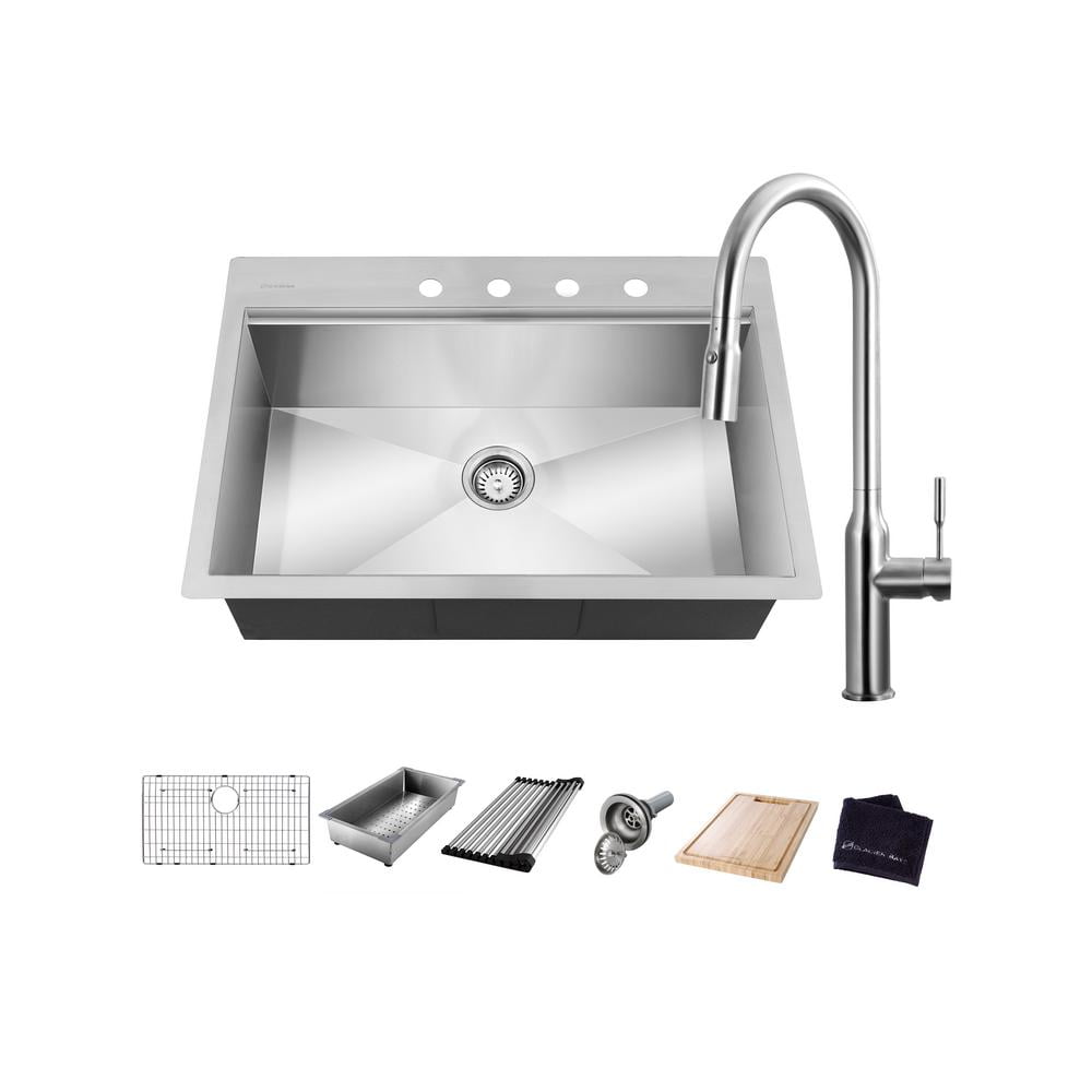 Glacier Bay All-in-One Drop-In Stainless Steel 32 in. 4-Hole Single Bowl Kitchen Workstation Sink with Faucet and Accessories (NEW OPEN BOX)