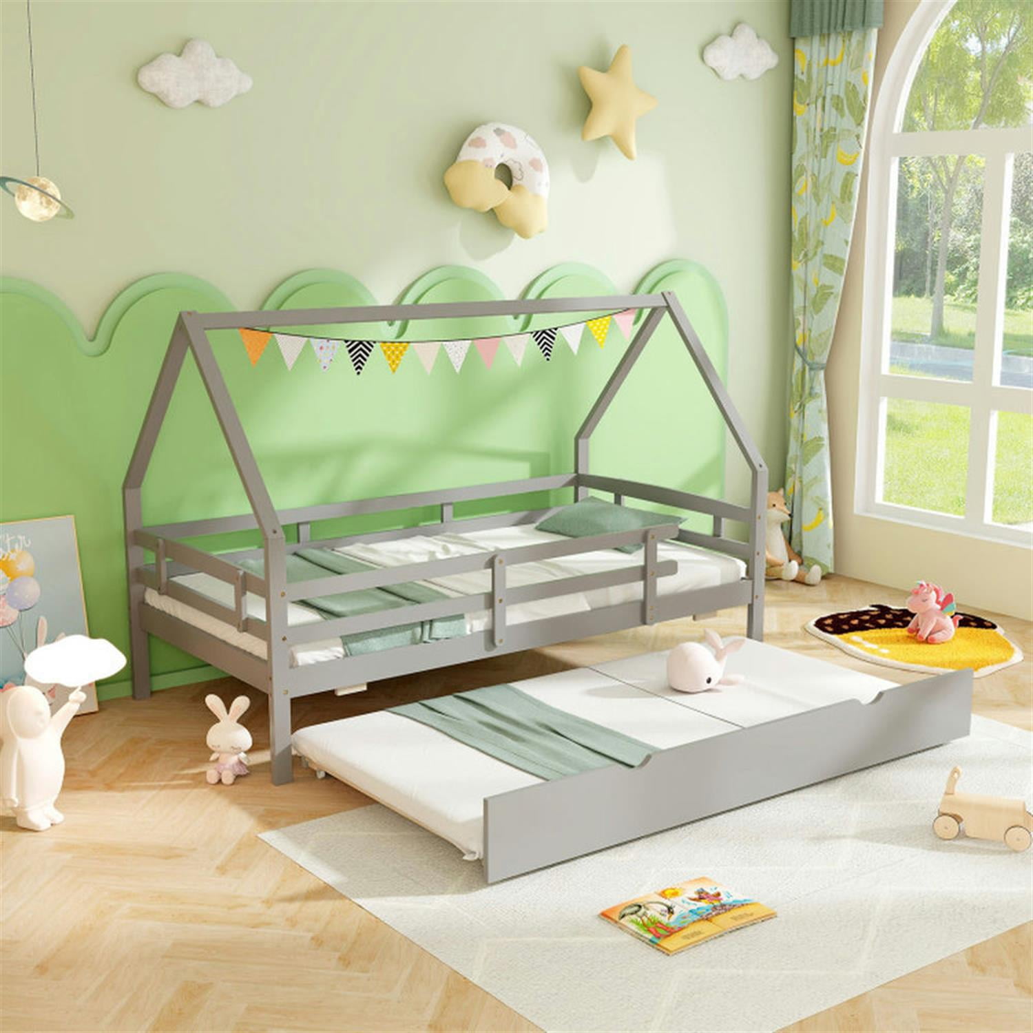 Demi Bonn Twin House Bed Frames with Trundle and Fence Rail, Modern Platform Bed Frames for Teens, Gray