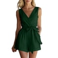 thumbnail image 4 of Cutuoiiu Womens Sleeveless Rompers Loose Fit Solid Color Deep V Neck Casual Jumpsuit Shorts Wrap Belted Waist Cotton Summer Daily Wear, 4 of 8