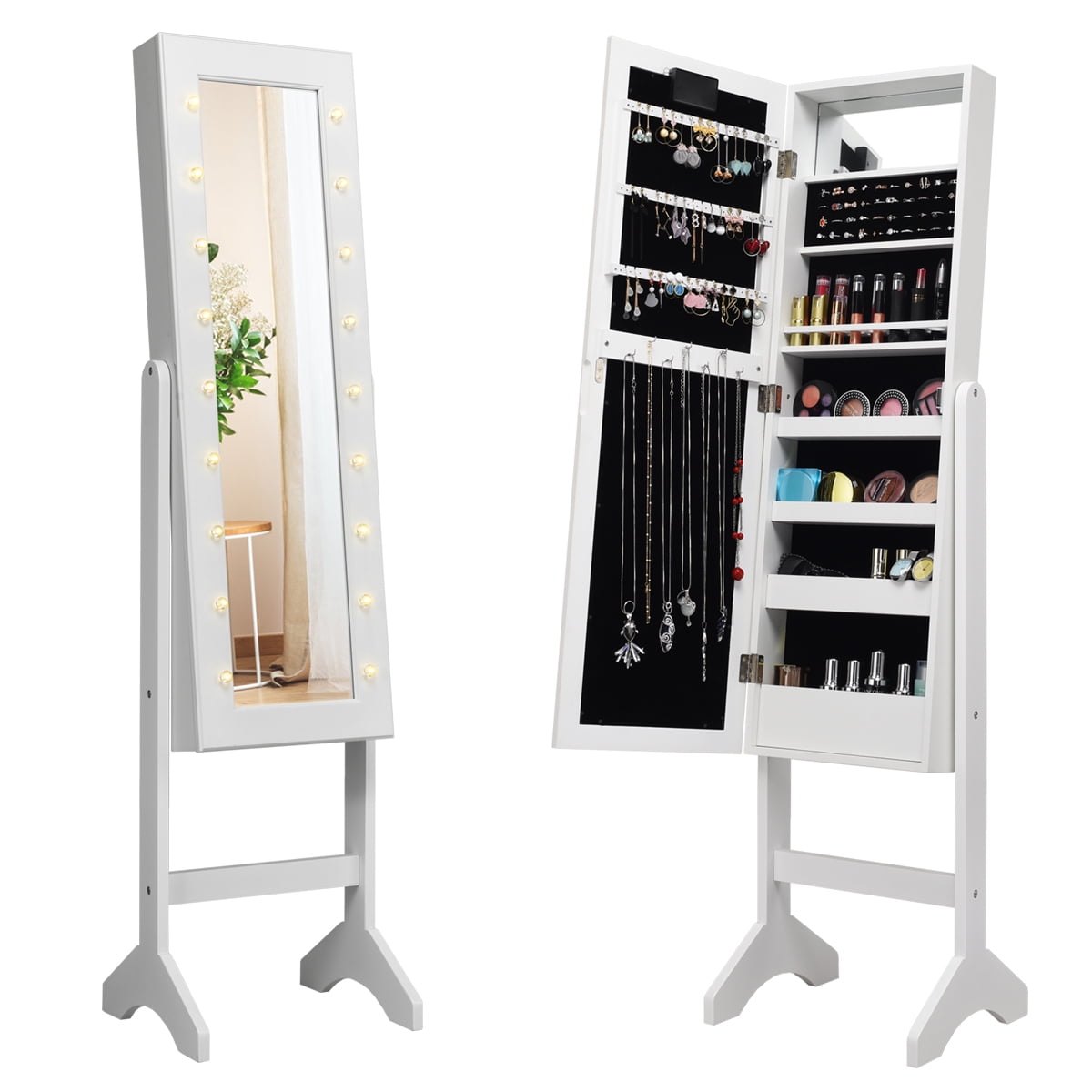 COSTWAY 18 LED Lights Jewelry Cabinet with Full Length Mirror 2-in-1 Floor Standing Adjustable Jewelry Armoire Black Home Bedroom Dressing Room Jewellery Storage Organiser Unit 
