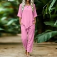 thumbnail image 4 of Womens Summer Cotton Linen 2 Piece Set Short Sleeve Round Neck Tops and Elastic Wide Leg Trousers with Drawstring Plain Lounge Wear Pink S, 4 of 7