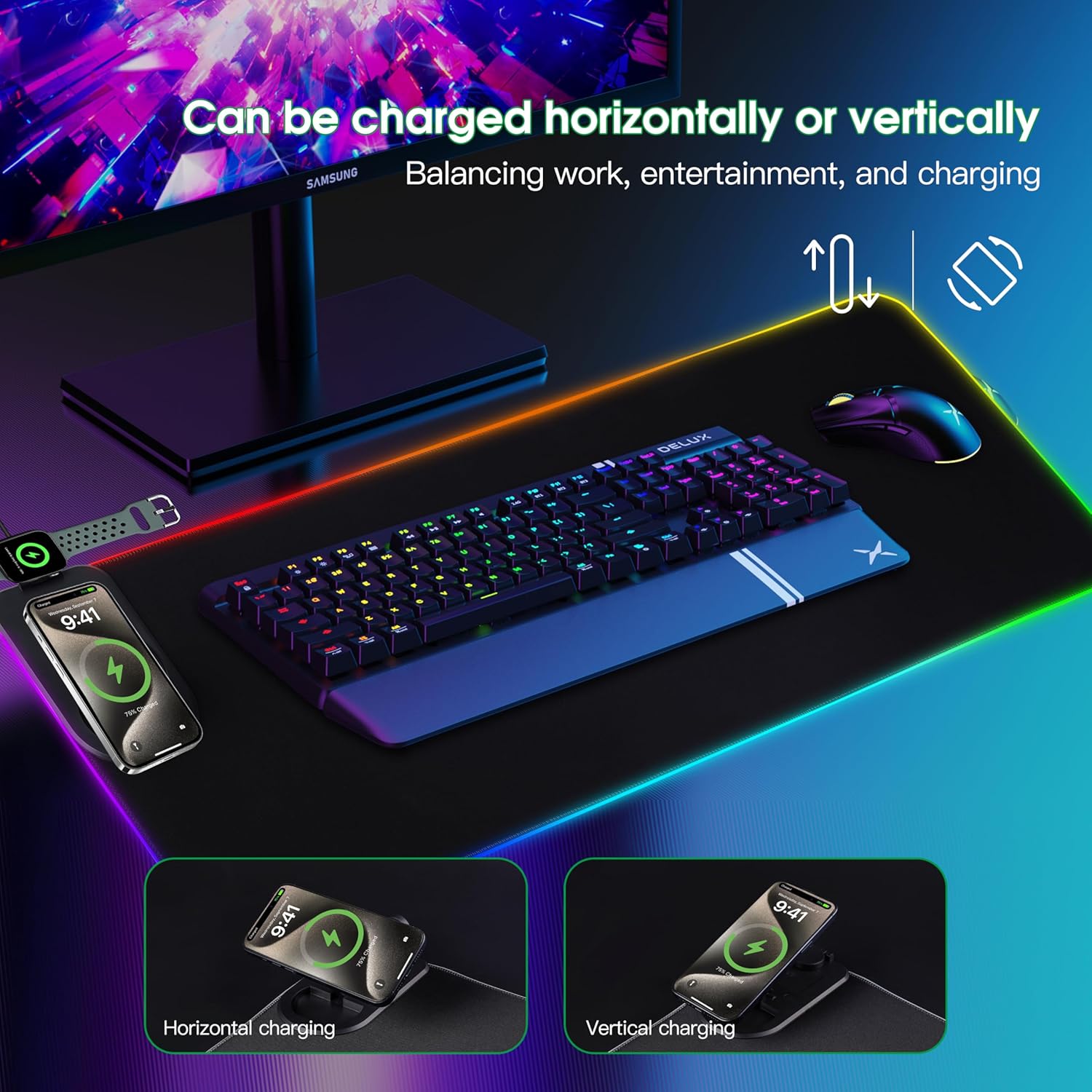 Wireless Charging Mouse Pad, RGB Gaming Desk Mat XXL with Magnetic Wireless Charging Phone Holder for Phone&iWatch&Airpods, Non-Slip Base,15 Lights Colors, Computer Keyboard Mat for MacBook,PC,Laptop