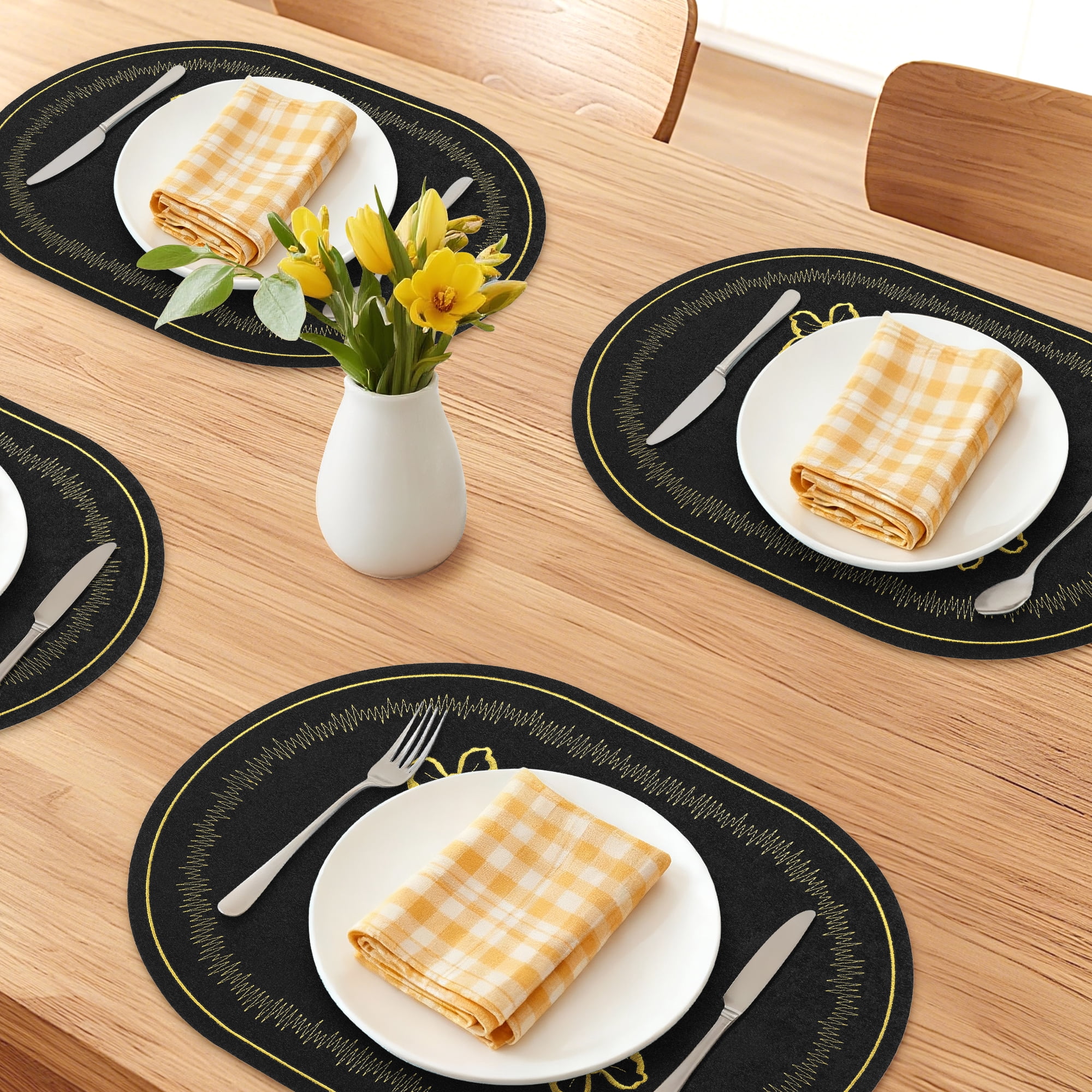 Unique Bargains Rustic Oval Placemats 4pcs Cotton Linen Black 17.7"x12.6"