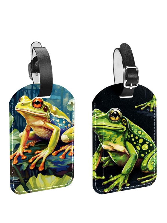Square 2Pack PU Leather Frog Cruise Luggage Tag with Privacy Cover and Name ID Tag for Travel Handbags Backpacks Luggage Tags