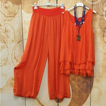 

FITORON Womens Pajama Sets- Solid Crewneck Sleeveless Pullover Shirt Tops + Pants Trousers Set Orange L