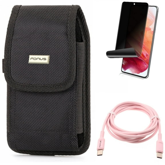 Pink 6ft Long Cable w Case Belt Clip w Privacy Screen Protector for Samsung Galaxy S21 Plus - USB-C to Type-C PD Fast Charger, Swivel Holster, TPU Film Fingerprint Works Accessory Bundle