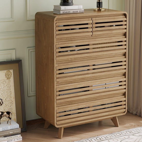 Tall Dresser for Bedroom, Fluted Dresser with 6 Drawers, Chests of Drawers with Grille & Curved Design, Dressers Slides Pre-Installed, Large Wood Drawer Organizer for Bedroom Hallway, Natural Oak