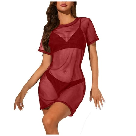 Yuhangmm Women s Long Mini Short Sleeve Casual Tops Dress See Through Sleeve Crop Sheer Mesh Underwear Lingerie Dress Womens Christmas Lingerie