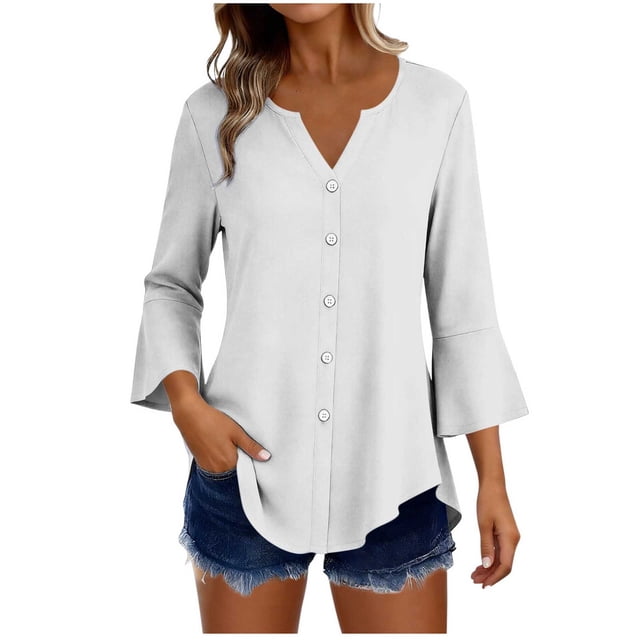 Craaazy Women's Relaxed Fit V Neck Blouse, Solid Color 3/4 Sleeve Flare Cuff Top, Loose Comfy Button Accent Casual Tee for Spring & Summer Gifts