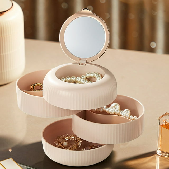 Meitianfacai Jewellery Organiser Box Rotating with Mirror Portable Storage Box Case Multi Layers for Rings, Earrings, Necklace Home Organizer,Great Gift for Women Girls(Pink)