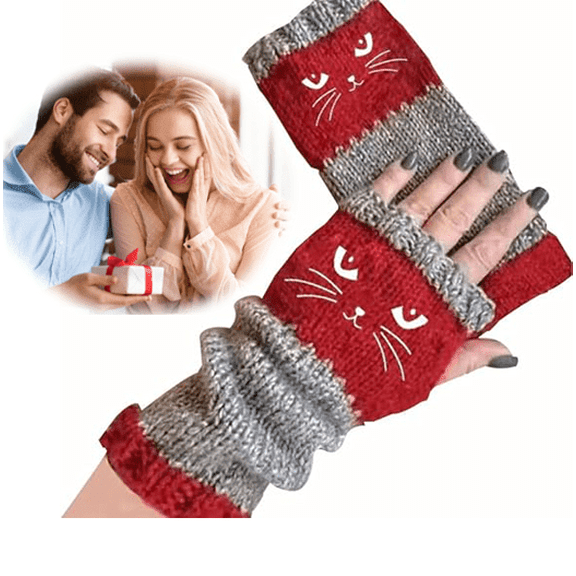 Cat Embroidery Splicing Knitted Gloves Warm Gloves Fashion Leaky Finger Casual Women's Glove , Warm Patchwork Embroidered Fingerless Gloves with Vintage Knitted Design and Bird Embroidery 