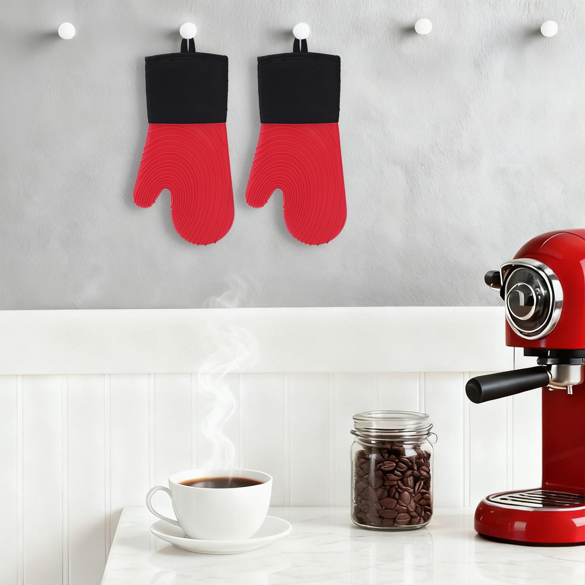 Unique Bargains Cotton Oven Mitts Heat-Resistant Cooking Gloves Red 13.4x7.1inch