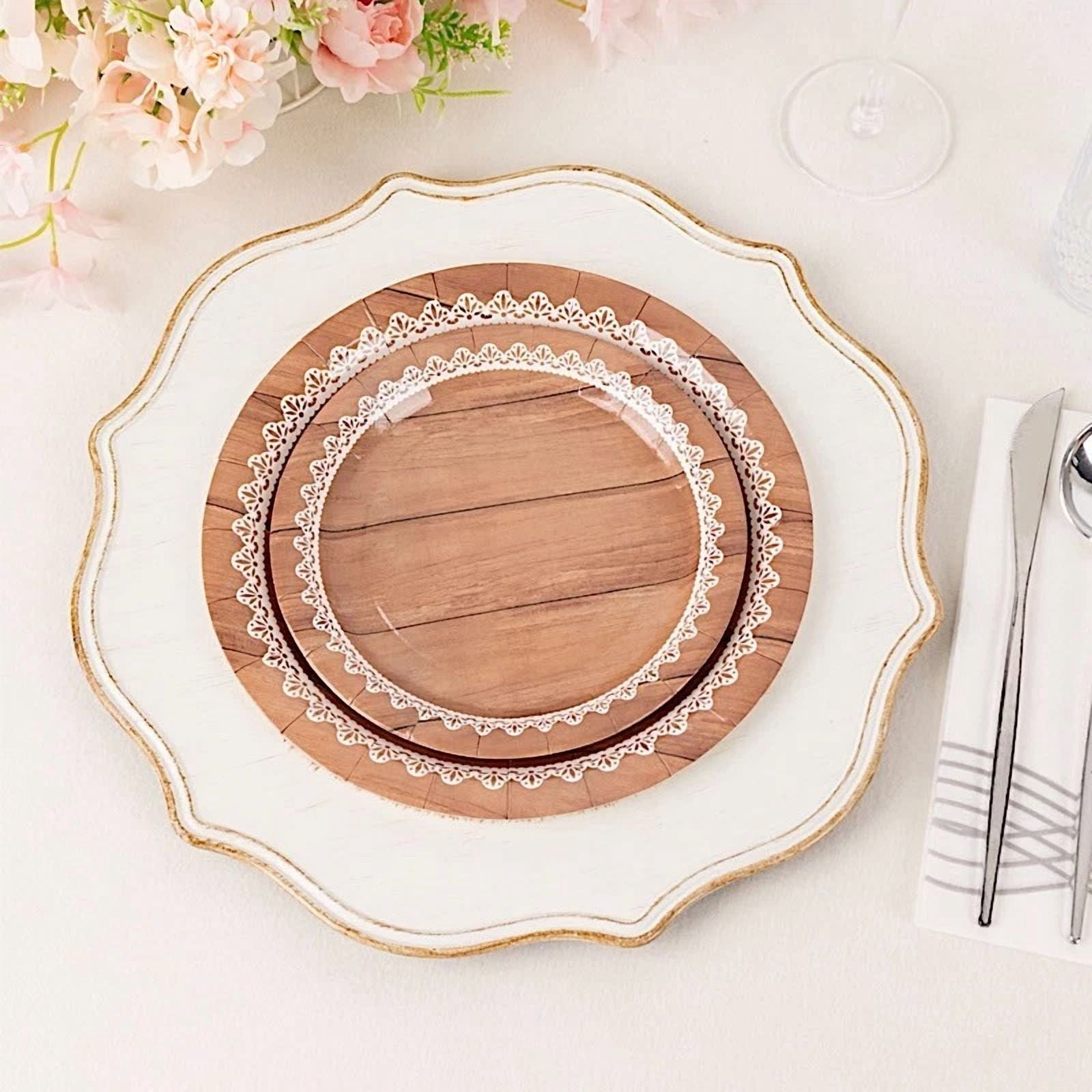 PRIME - 25 Brown 9 In Wood Print Floral Lace Disposable Salad Dinner Paper Plates Party