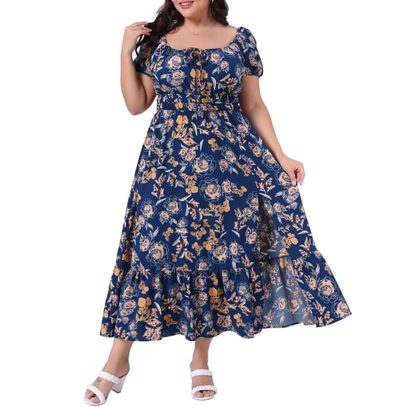 Agnes Orinda Women's Plus Size Easter Floral Dress Tie Square Neck Smocked Waist Short Sleeve Side Slit Beach A Line Maxi Dresses 1X Navy Blue
