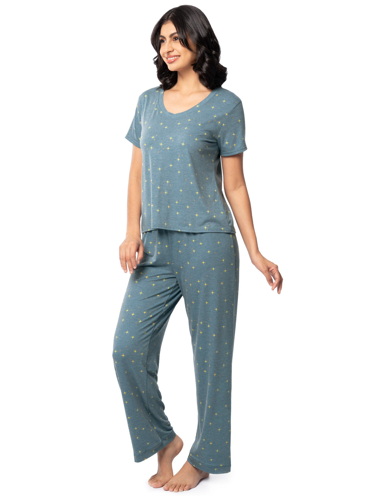 Fruit of the Loom Women's Soft & Breathable V-Neck Short Sleeve Top & Pajama Pant Set, Sizes S-4X