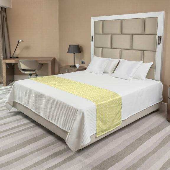 Geometric Bed Runner, Abstract Simplistic Continuous Pattern Circular Shapes in Pastel Tone, Decorative Accent Bedding Scarf for Hotels Homes and Guestrooms, Queen, Pale Yellow and White, by Ambesonne