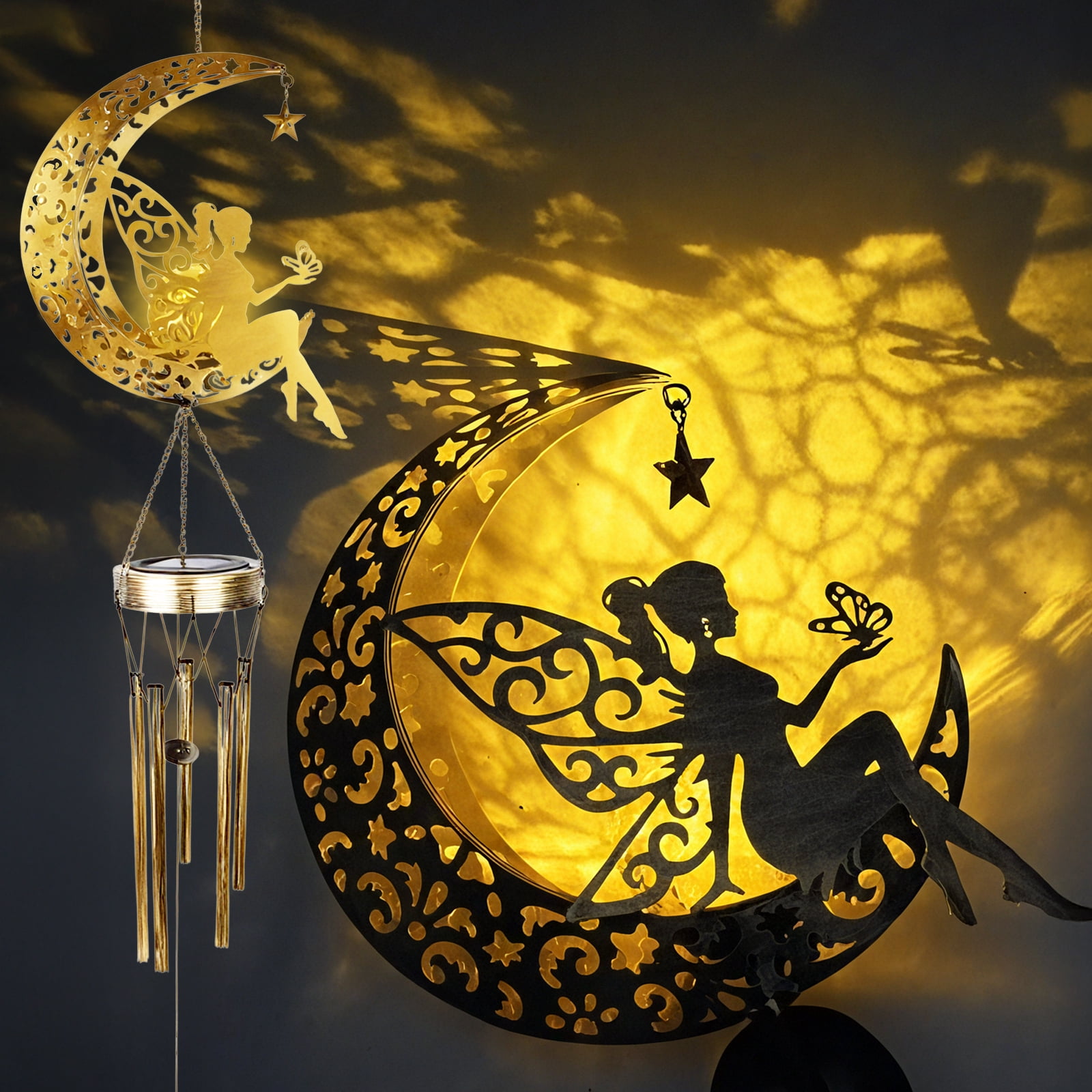 Solar Lights Wind Chimes, LED Moon Flower Fairy Light for Outdoor Garden Patio Decor & Gifts for Women
