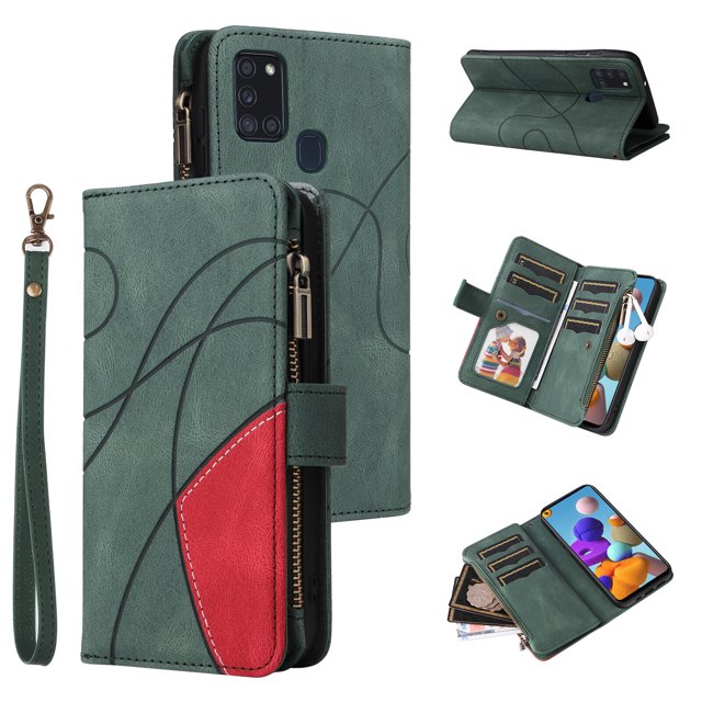 Compatible avec Samsung Galaxy A21S Étui Portefeuille avec Fentes pour Cartes en Cuir PU Fermeture Éclair Folio Rabattable