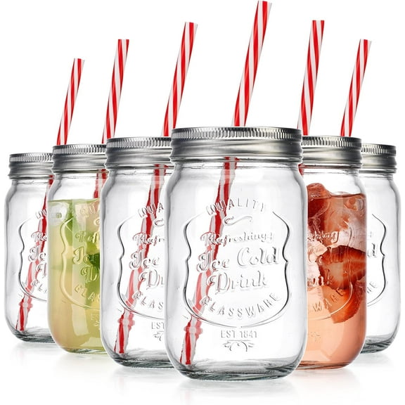 Glaver’s Mason Jar Glass Set Ice Cold Mason Jar Cups with Lids and Straws 15 Oz, 6-Pack