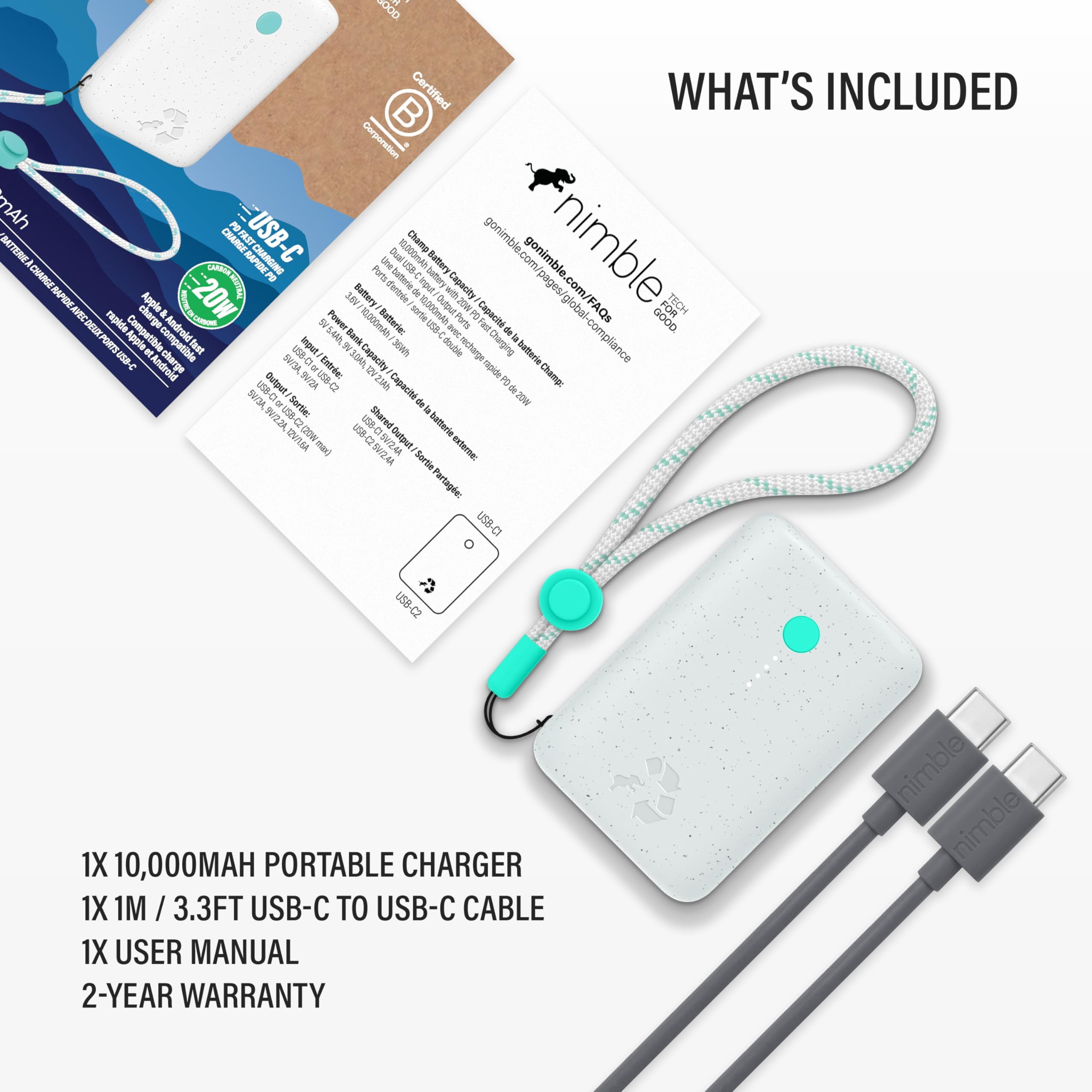 Champ Portable Charger, 10,000mAh Power Bank Fast Charging, 20W Dual USB-C Battery Pack with Cable, Travel Essential Power Bank for iPhone Laptops Galaxy Tablet Pixel iPad Macbook Kindle Airpod