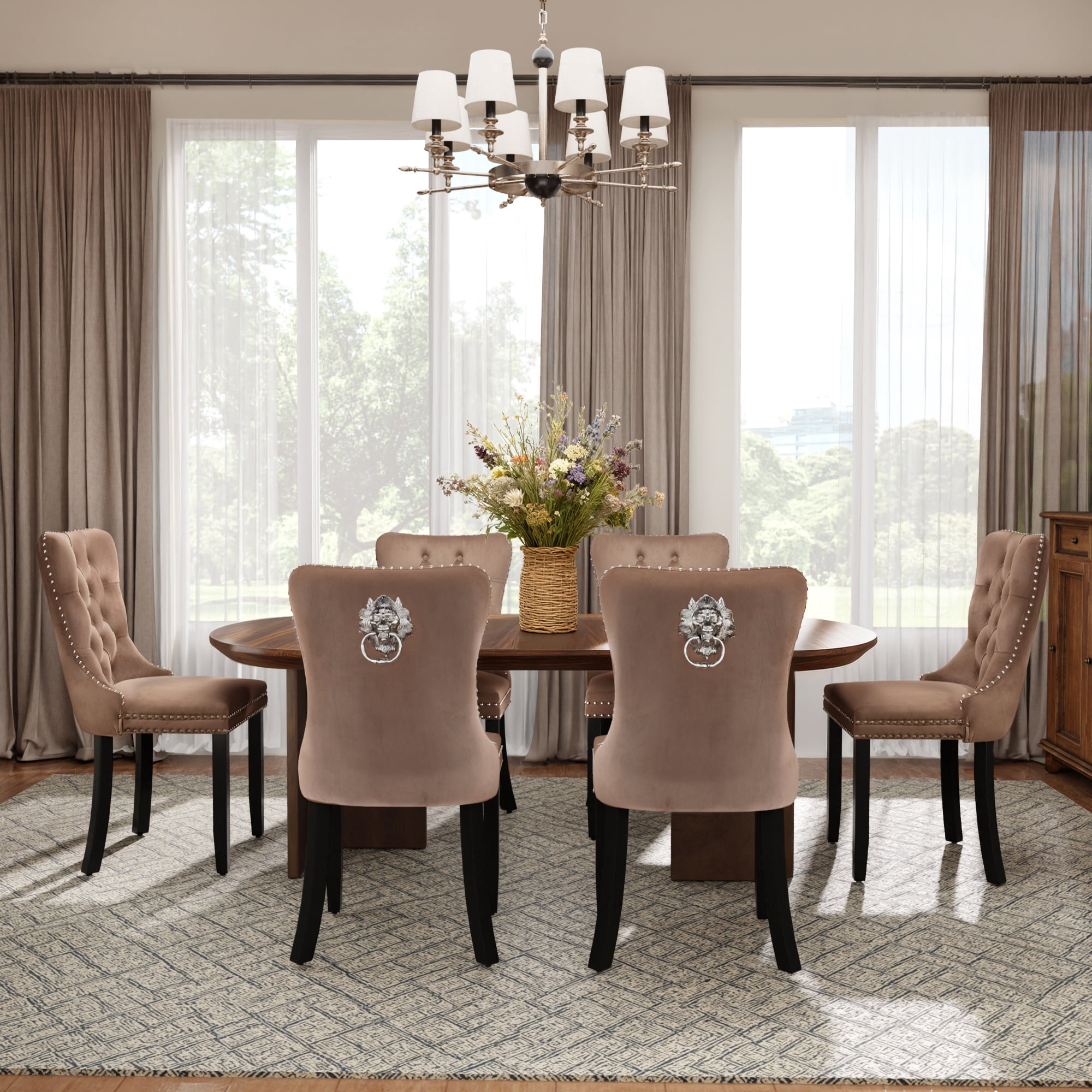 DONICK Velvet Upholstered Dining Chair Set of 8,Modern Tufted Kitchen Chairs Nailhead Lion Pull Ring Black Wood Legs(khaki)