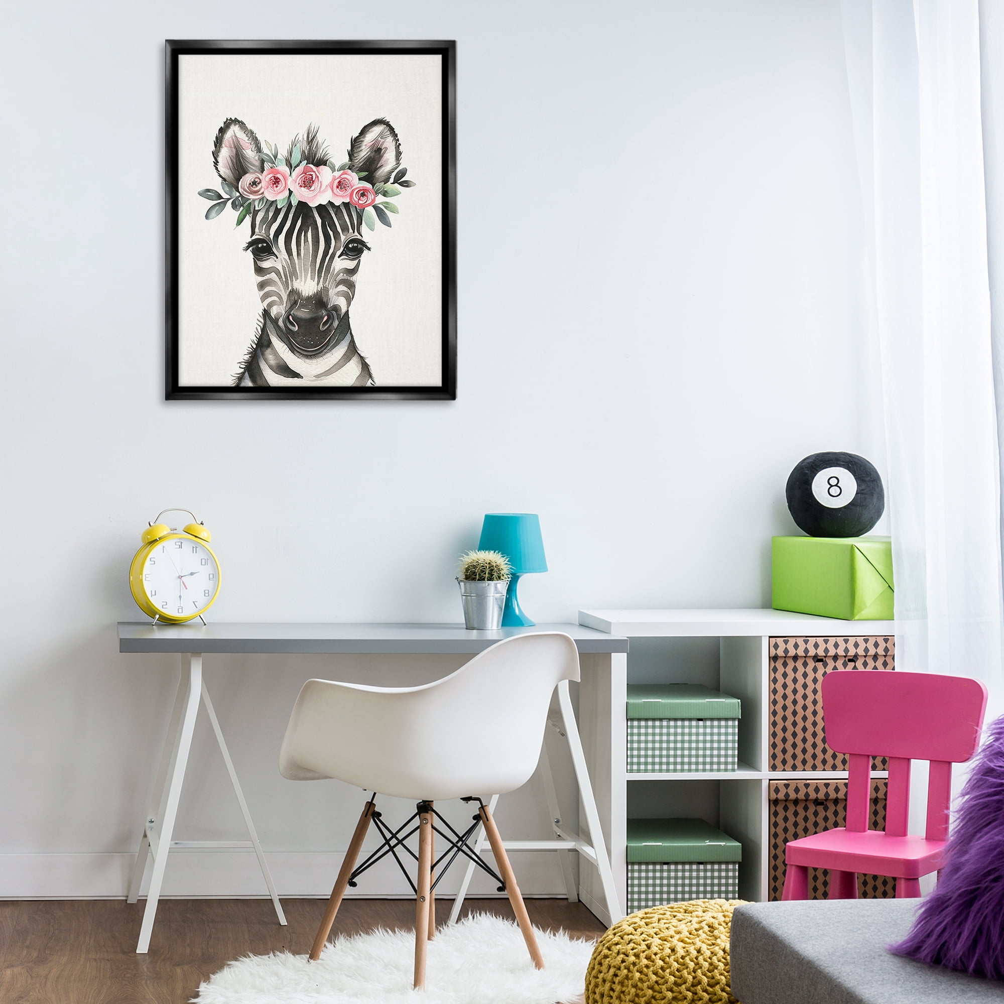 Stupell Industries Nursery Floral Zebra Animals Painting Black Floater Framed Canvas Art Print Wall Art, 25 x 31