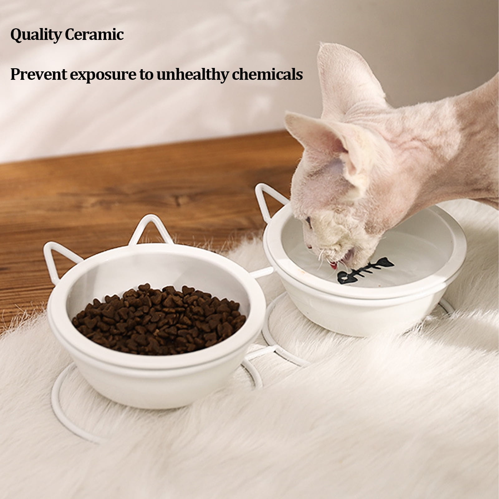 BIMZUC Pet Double Ceramic Bowl Set Raised Cat Bowls with Metal Stand Anti-Slip Cover for Food Water Dishwasher Safe Elevated Dog Feeder Neck Protection 10.2 inches / 26 cm Length