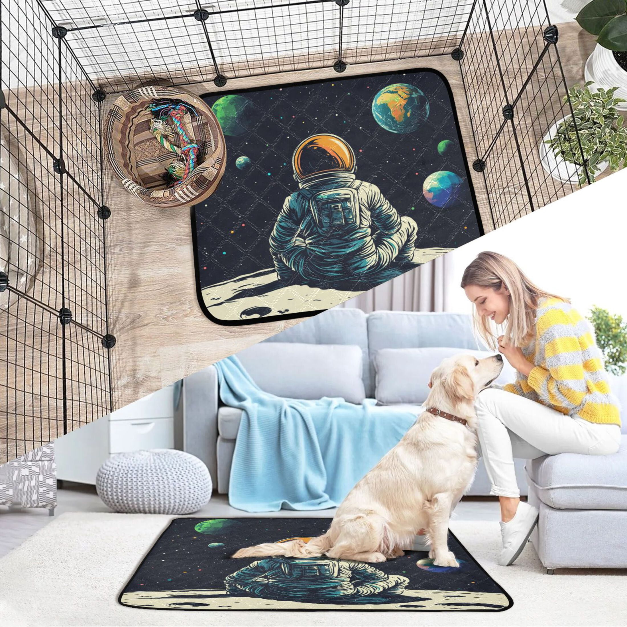 Qxltty Astronaut Sitting on The Moon Cat litter Pads Pet Set of 3 Diaper Mats Center Anti-leakage Layer Absorbent Soft and Comfortable