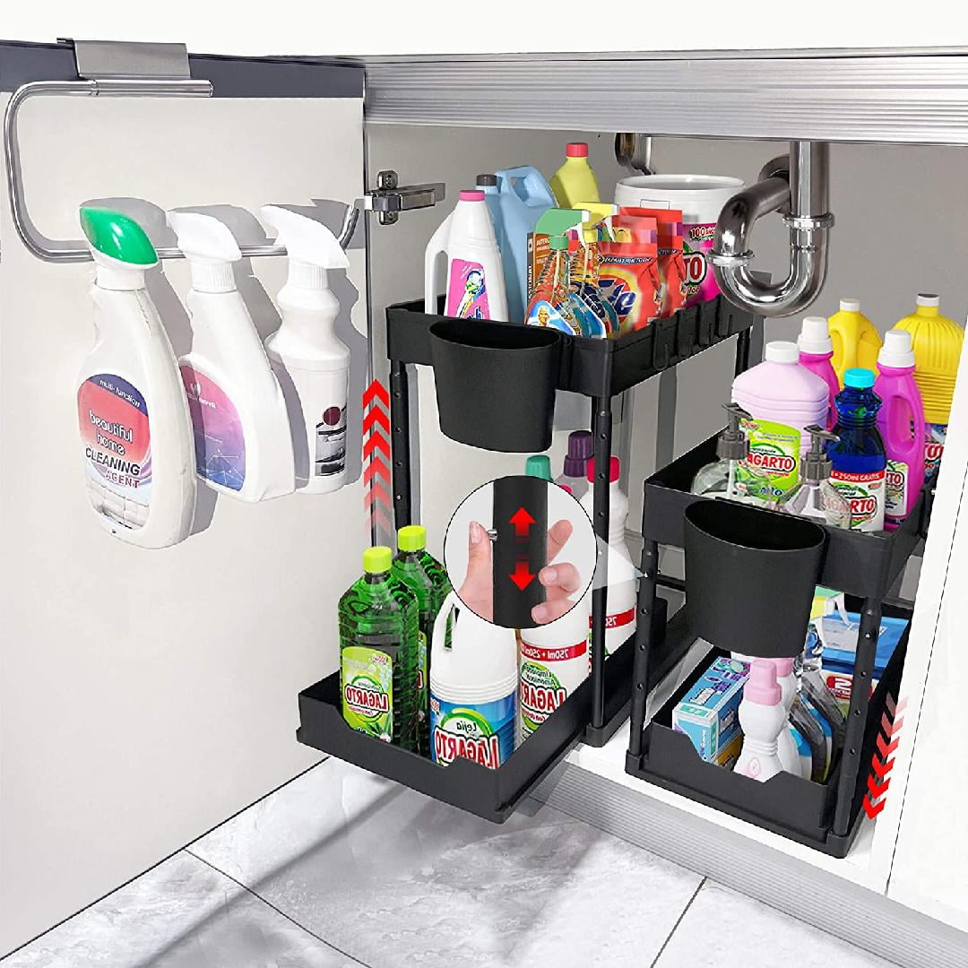 2 Pack Under Sink Organizer, 2 Tier Stretchable Under Sliding Kitchen