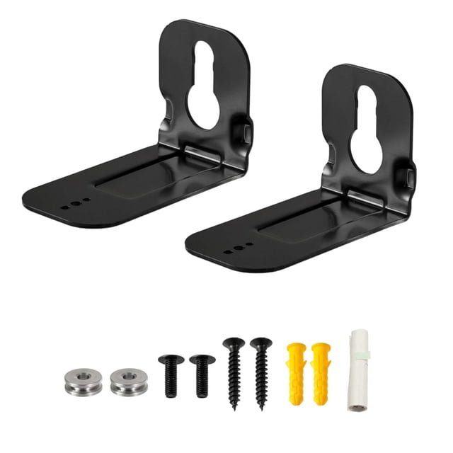 soporte de montaje en pared para barra de sonido samsung hw-b550 b450 q990b q990c q800b s60a n950 ms750 ms751 hw-ms650 hw-a55c 2 piezas soporte de pared para barra de sonido negro con kit de hardware par de soportes metálicos negros en L con ranura tipo llave para colgar, base doblada con orificios y acabado mate; incluye tornillos, tarugos y casquillos visibles; también son adecuados para fijar pequeños estantes o dispositivos de audio compactos.