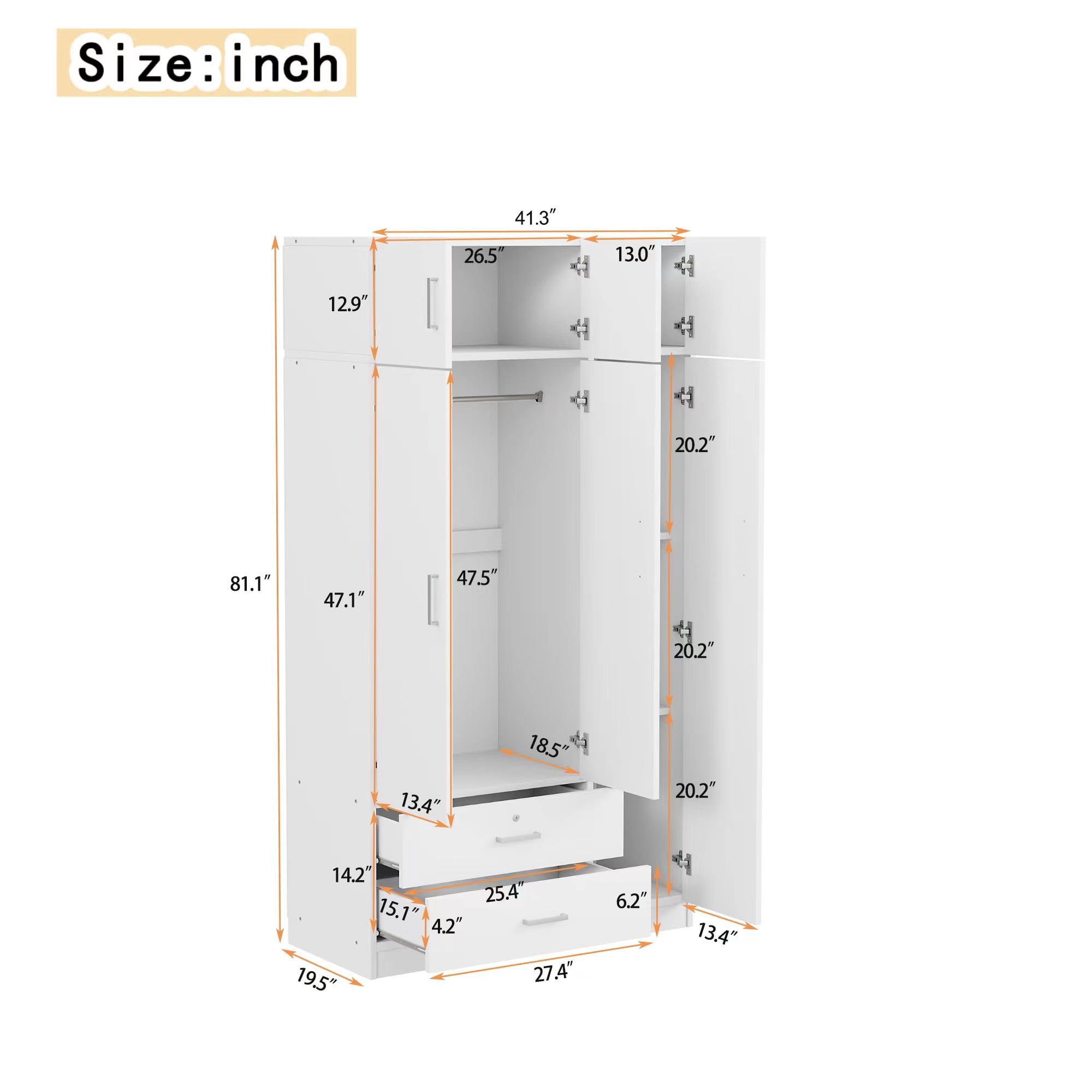 Euroco 3-Door Wood Armoire, Wardrobe with Mirror and Drawers, White