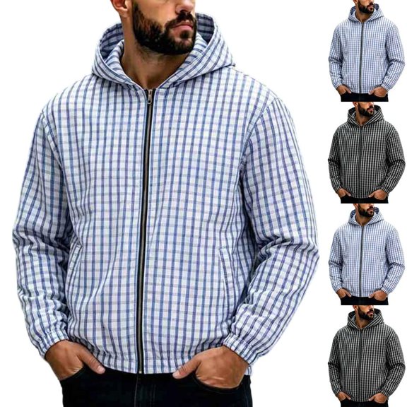 Bxsruta Mens Plaid Zip Up Hooded Jacket Long Sleeve Casual Outerwear