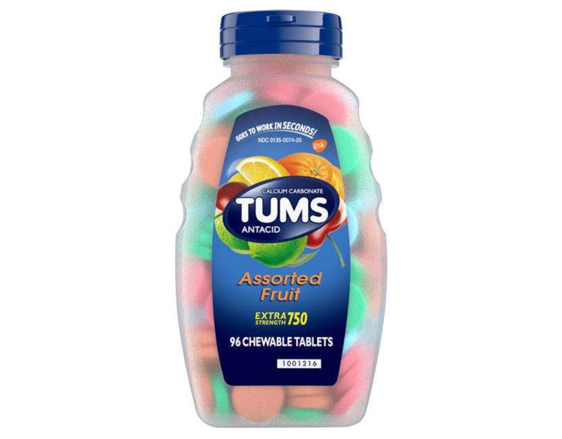 Tums Extra Strength 750 Antacid Chewable Tablets, Assorted Fruit, 96 Ea