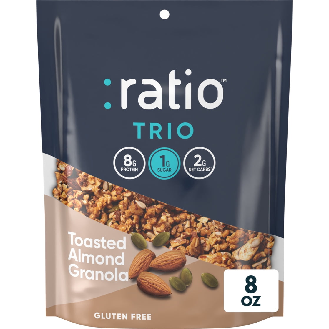 (5 pack) Ratio Trio Toasted Almond Granola Cereal, 1g Sugar, Keto Friendly, 8 oz Resealable Bag