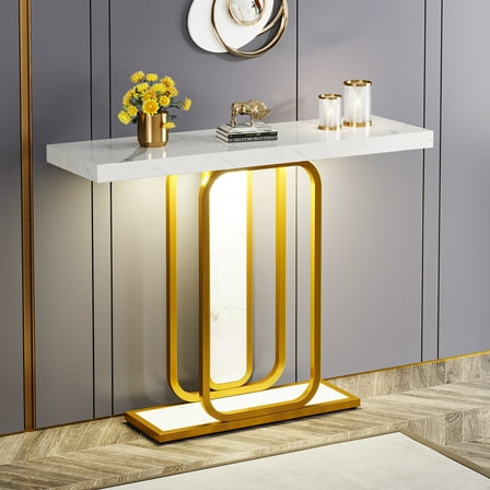 Tribesigns Modern Console Table with LED Lights, 41.3 inch Sofa Entryway Tables with Faux Marble Veneer for Living Room, Hallway and Foyer, White & Gold