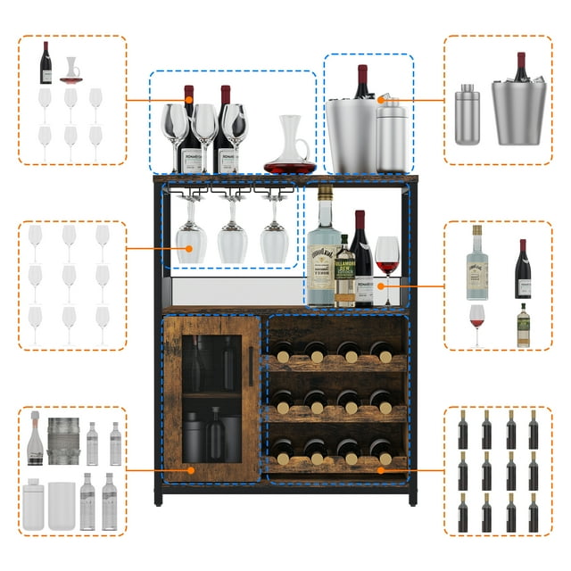 Bingirl Wine Bar Storage Cabinet Industrial Wine Rack, Wine Bar Buffet Cabinet with Storage, Liquor Bar Buffet Sideboard, Red Wine Collection Cabinet, Brown