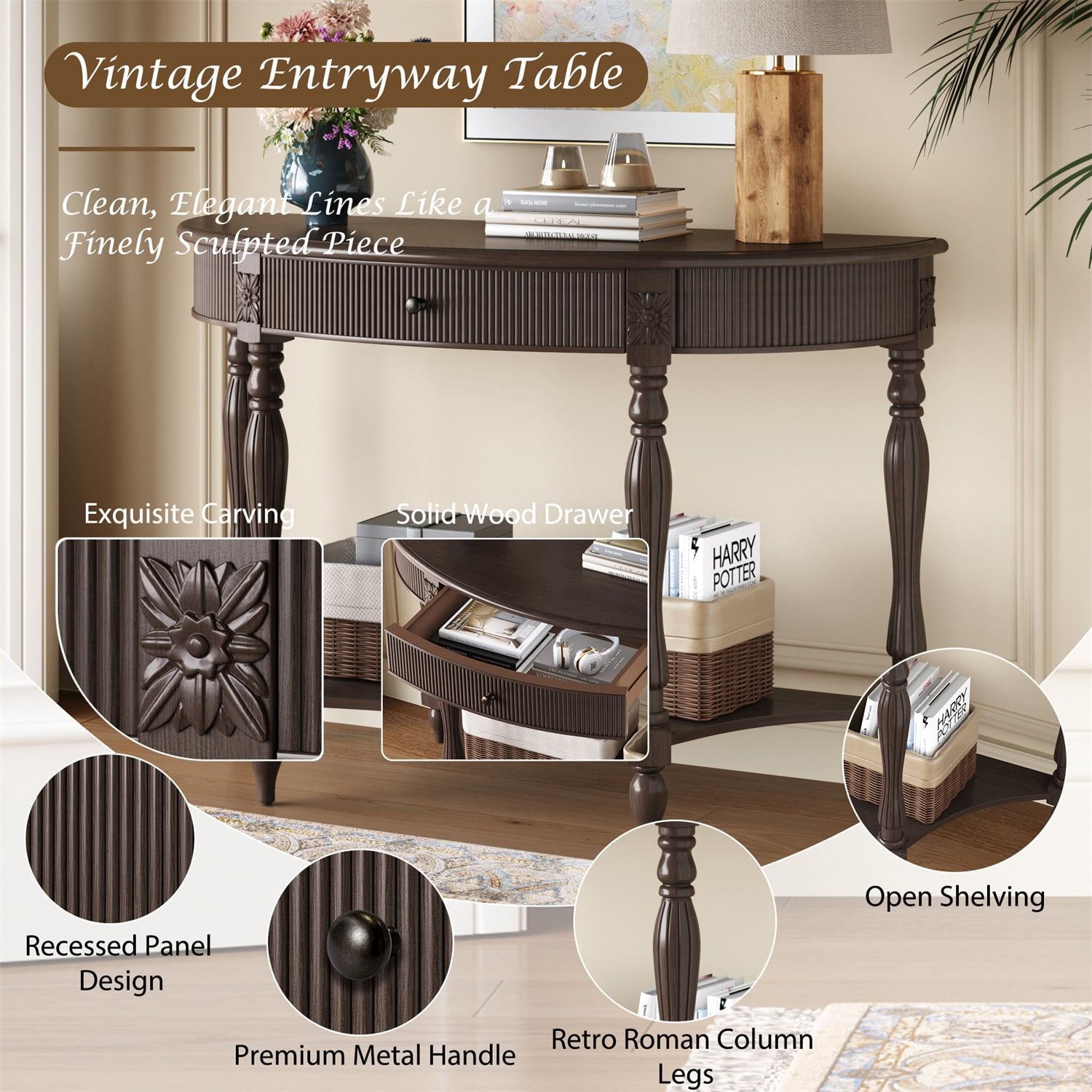 Hommoo Solid Wood Half Moon Console Table with Drawer & Open Shelf, Vintage Fluted Front, Narrow Semicircular Entryway Table for Hallway, Foyer, Living Room or Behind Sofa, Rustic Brown