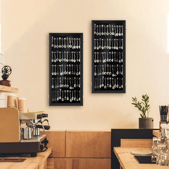 60 Spoon Display Wall Mount Wooden Cabinet with Lockable Storage Box for Teaspoon - Black