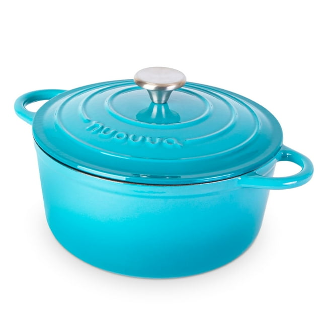 Olla de hierro fundido con tapa – Cacerola esmaltada antiadherente apta para horno, apta hasta 260 °C – Resistente olla holandesa – Azul, 5 cuartos, 24 cm – de Nuovva