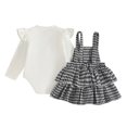 thumbnail image 5 of ZHOGXU Baby Girls Houndstooth Outfit Fly Sleeve Top Suspender Skirt Matching Houndstooth Bow Headband 3PCS Set For Kids,White,6-12 Months, 5 of 9