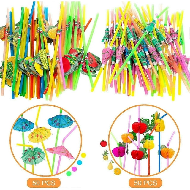 100 pcs Fruit Straws Umbrella Straws Party Disposable Straws Table Decor Tropical Drinks for Cocktai