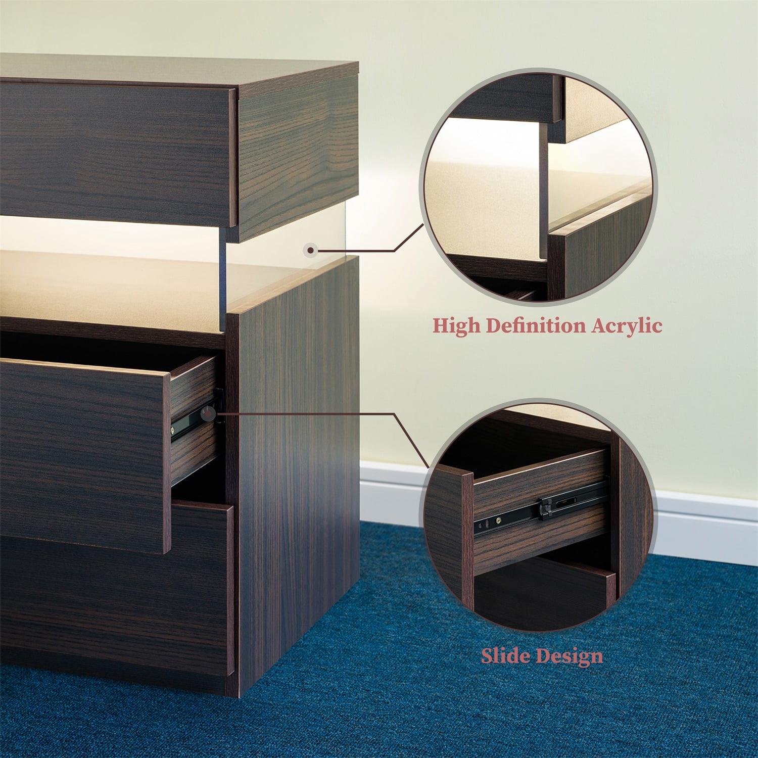 Hommoo 3 Drawer Dresser LED Nightstands, End Table Bedside Tables for Bedroom, Living Room, Walnut
